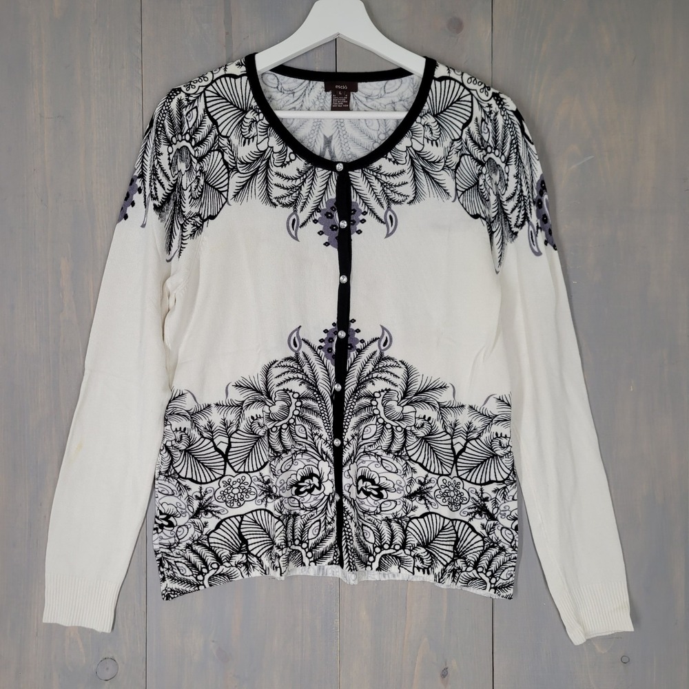Escio Cardigan Sweater Womens Large White Black Rhinestone‎ Button Knit